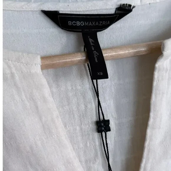 BCBGMAXAZRIA bcbg cream beige silver gold zigzag embroidered cotton tunic dress - Picture 5 of 8